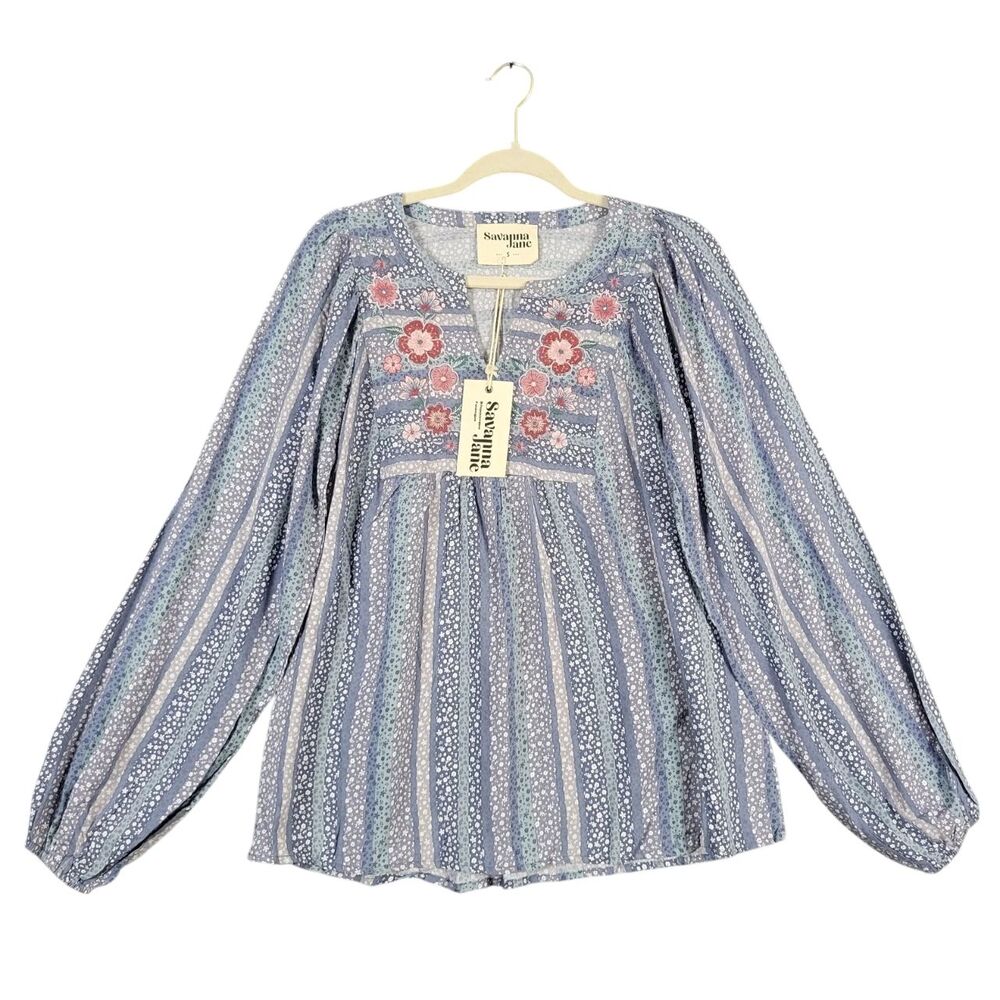 NWT SAVANNA JANE Blue Ditzy Floral Striped Embroidered Peasant Top SIZE SMALL